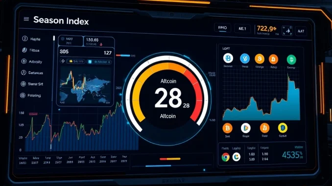Altcoin Season Index: Decoding the Crucial Warning for Crypto Investors A digital display showing the Altcoin Season Index at 28, illustrating current altcoin performance against Bitcoin.