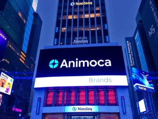 Animoca Brands logo superimposed on the Nasdaq building, symbolizing its pursuit of a public listing through a reverse merger.