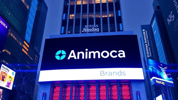 Animoca Brands logo superimposed on the Nasdaq building, symbolizing its pursuit of a public listing through a reverse merger.