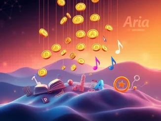 Digital representation of ARIAIP tokens raining down on intellectual property symbols, symbolizing the Aria airdrop for creators.