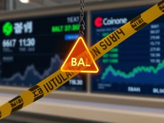 A digital caution sign overlays the Balancer BAL logo, representing its cautionary investment status on South Korean crypto exchanges.