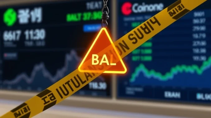 A digital caution sign overlays the Balancer BAL logo, representing its cautionary investment status on South Korean crypto exchanges.