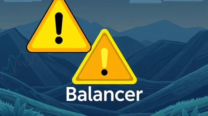 A warning sign over the Balancer (BAL) logo, symbolizing the crypto investment warning issued by Bithumb and Coinone due to security concerns.