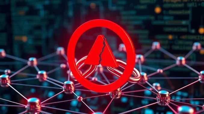 Illustration of Berachain network in crisis, with a broken link signifying a halt due to a Balancer hack and DeFi vulnerability.