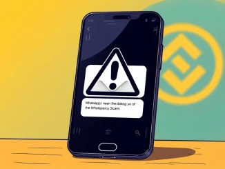 Binance CEO Richard Teng's urgent warning against WhatsApp crypto scams, showing a phone with a scam message and a lock icon.