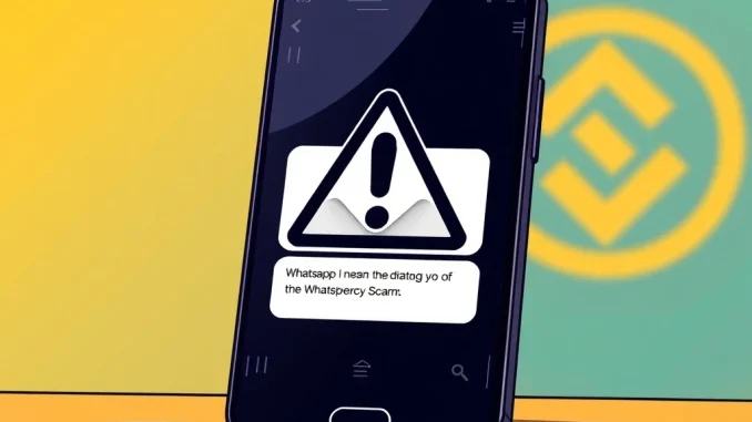 Binance CEO Richard Teng's urgent warning against WhatsApp crypto scams, showing a phone with a scam message and a lock icon.