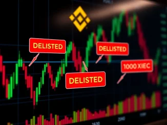 Digital screen displaying Binance delisting notice for MYRO and 1000XEC perpetual futures contracts, signifying market changes.