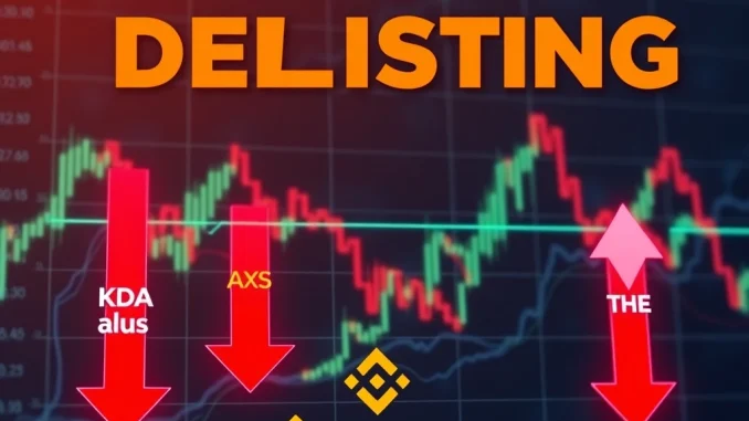 A graphic depicting the **Binance delisting** of KDA, AXS, and THETA perpetual futures contracts, illustrating market changes.