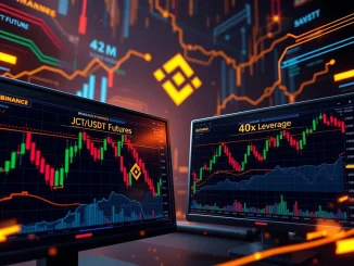 Screens displaying Binance JCT perpetual futures with 40x leverage, symbolizing high-stakes crypto trading opportunities.