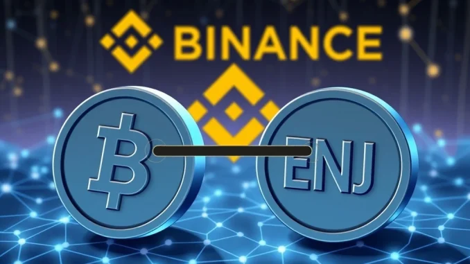 Binance suspension of Mantra (OM) and Enjin Coin (ENJ) deposits for crucial network upgrades, showing crypto symbols paused.