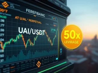 A screen displaying the Binance UAI Futures trading interface, highlighting the UAI perpetual contract listing and 50x leverage options.
