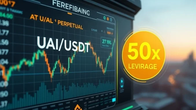 A screen displaying the Binance UAI Futures trading interface, highlighting the UAI perpetual contract listing and 50x leverage options.