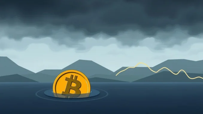 A Bitcoin logo dipping below a crucial 365-day moving average line, illustrating a potential BTC bear market signal.