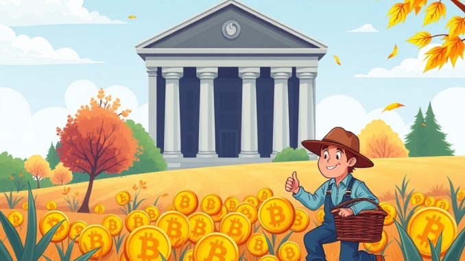 A cartoon illustration showing the Bitcoin cycle moving into a maturity phase, with investors potentially harvesting gains.