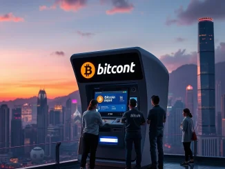 Bitcoin Depot ATM in Hong Kong cityscape, symbolizing the company's exciting expansion and convenient cash-to-crypto conversions in the Asian market.
