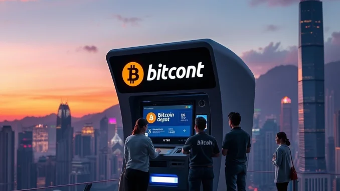 Bitcoin Depot Unlocks Exciting Hong Kong Market Expansion Bitcoin Depot ATM in Hong Kong cityscape, symbolizing the company's exciting expansion and convenient cash-to-crypto conversions in the Asian market.