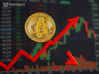 Chart illustrating a Bitcoin downtrend with red indicators, reflecting Matrixport's market analysis and advice for caution.