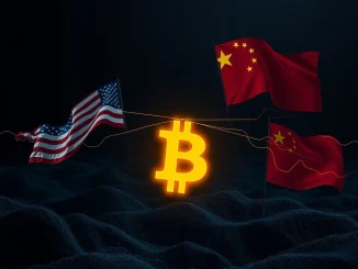 An image illustrating the geopolitical tension between the US and China over a significant Bitcoin hack and subsequent crypto seizure.