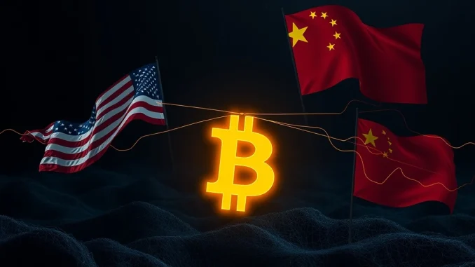 An image illustrating the geopolitical tension between the US and China over a significant Bitcoin hack and subsequent crypto seizure.