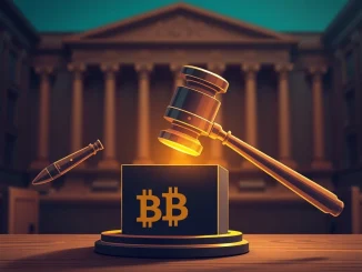 A gavel striking down, symbolizing the stern sentence in a Bitcoin laundering case, highlighting crypto crime justice.