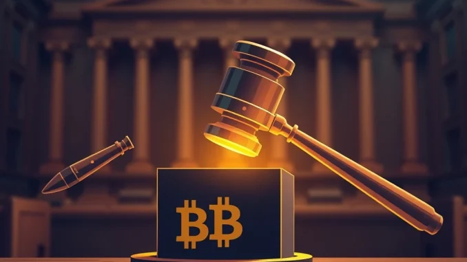 A gavel striking down, symbolizing the stern sentence in a Bitcoin laundering case, highlighting crypto crime justice.