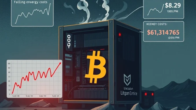 An urgent warning sign over a struggling Bitcoin mining rig, symbolizing the plunge in mining profitability due to rising Bitcoin mining costs.
