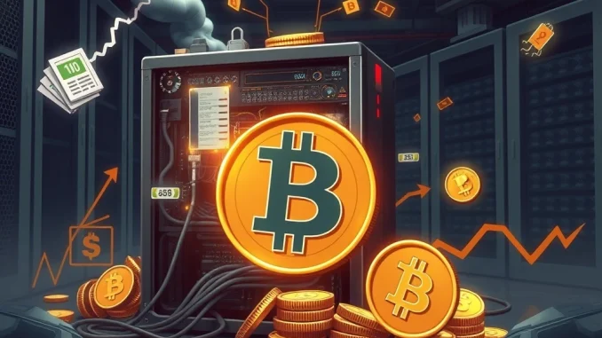 Illustration depicting the **Bitcoin mining** industry under pressure from rising costs, fierce competition, and reduced profitability.