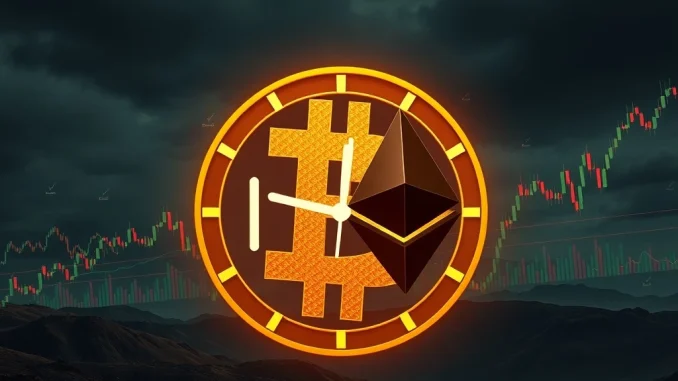 A digital clock counting down to a Bitcoin options expiry event, with charts hinting at potential market volatility and financial impact.