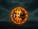 A digital clock counting down to a Bitcoin options expiry event, with charts hinting at potential market volatility and financial impact.