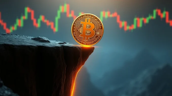A Bitcoin symbol teetering on a critical $101K support line, illustrating the potential for a deeper Bitcoin price correction.