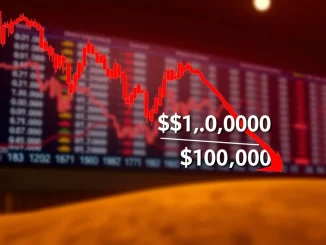 A red candlestick chart illustrating the Bitcoin price falling below $100,000, signaling a significant BTC drop in the crypto market.