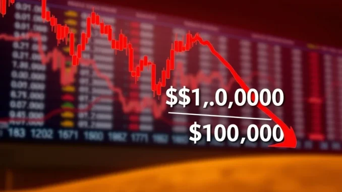 A red candlestick chart illustrating the Bitcoin price falling below $100,000, signaling a significant BTC drop in the crypto market.