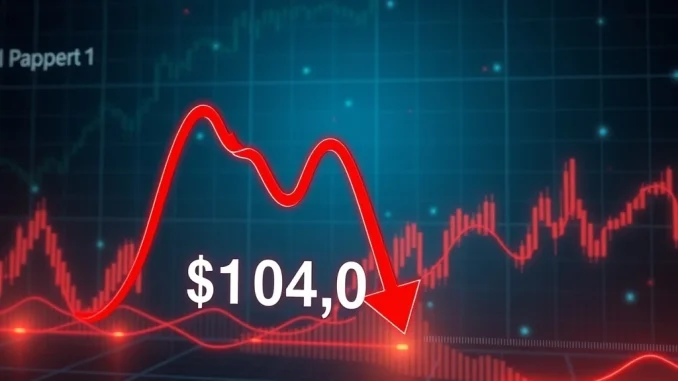 Chart illustrating a significant Bitcoin price fall below $104,000, indicating market downturn and investor concerns.