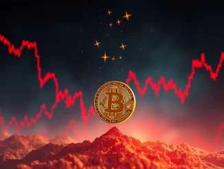 A visual metaphor showing the Bitcoin price drop, with a downward arrow over a BTC logo, indicating market decline and Bitcoin volatility.