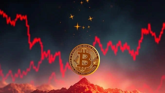 A visual metaphor showing the Bitcoin price drop, with a downward arrow over a BTC logo, indicating market decline and Bitcoin volatility.