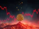 A visual metaphor showing the Bitcoin price drop, with a downward arrow over a BTC logo, indicating market decline and Bitcoin volatility.