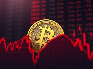 Chart showing a significant **Bitcoin price drop** with BTC symbol declining, indicating market instability and investor concern.