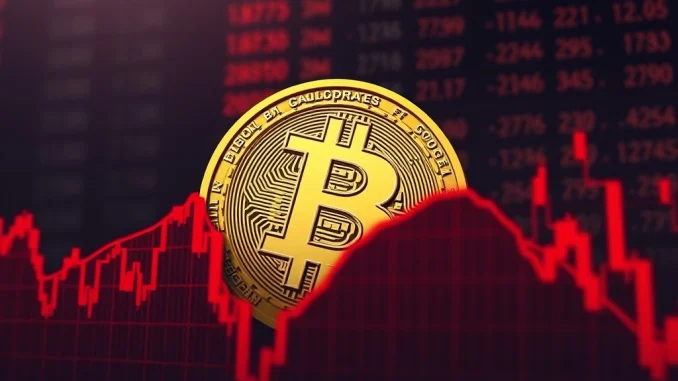 Chart showing a significant **Bitcoin price drop** with BTC symbol declining, indicating market instability and investor concern.