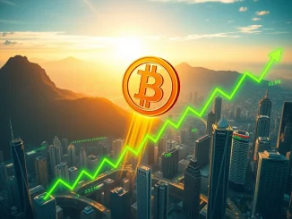 A digital Bitcoin symbol soaring, representing the BTC price surge past $104,000 in the cryptocurrency market.