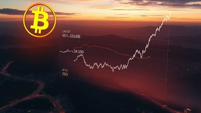 A visual representation of the Bitcoin surge, showing a rising BTC price chart against a digital background, signifying significant market movement.