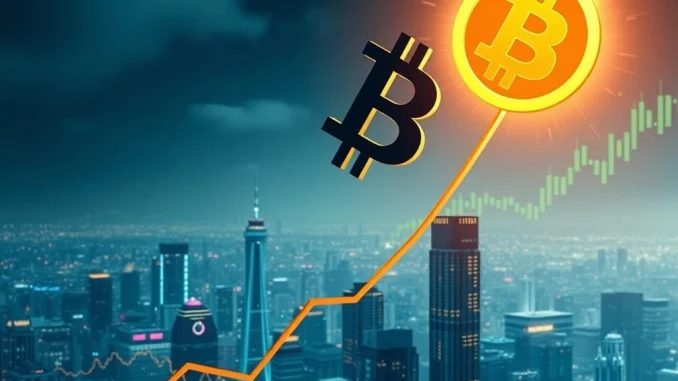 A visual representation of the Bitcoin price surging, showing the BTC logo ascending amidst market charts, indicating a strong Bitcoin rally.
