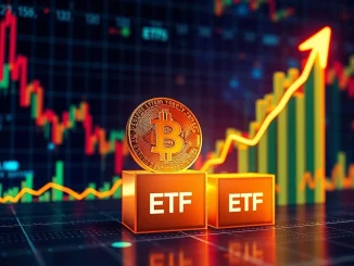 Charts and digital Bitcoin icon representing the $1.15M Bitcoin spot ETFs net inflow, signaling a positive market trend.