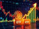 Charts and digital Bitcoin icon representing the $1.15M Bitcoin spot ETFs net inflow, signaling a positive market trend.