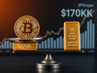 A scale balancing a digital Bitcoin coin against a gold bar, illustrating Bitcoin undervalued status and potential for a $170K price prediction.