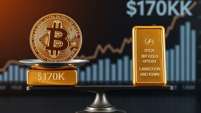 A scale balancing a digital Bitcoin coin against a gold bar, illustrating Bitcoin undervalued status and potential for a $170K price prediction.