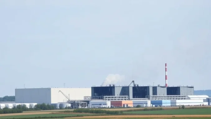 Smoke rises from the damaged Bitdeer Bitcoin mining facility in Ohio after a recent fire.