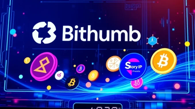 Digital tokens representing ARIAIP being distributed by Bithumb to Story (IP) holders, illustrating the Bithumb airdrop event.