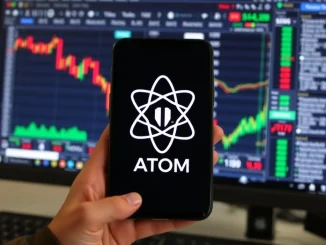 A digital representation showing a pause symbol over the Cosmos (ATOM) logo, signifying the Bithumb ATOM suspension for network maintenance.