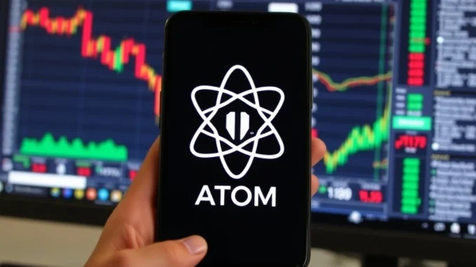 A digital representation showing a pause symbol over the Cosmos (ATOM) logo, signifying the Bithumb ATOM suspension for network maintenance.