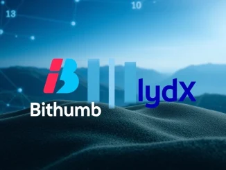 Bithumb logo and dYdX (DYDX) logo with a pause symbol, signifying the temporary suspension of DYDX services on the Bithumb crypto exchange.